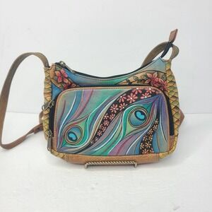 Anuschka Crossbody Organizer Bag Multicolor Hand Painted Leather Peacock Floral